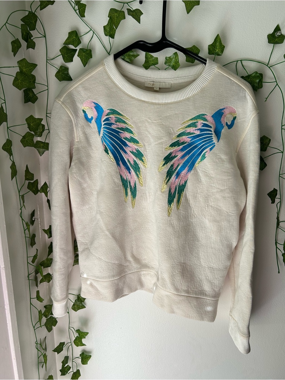 Maje Embroidered Bird Sweatshirt Cream French Designer Size 1